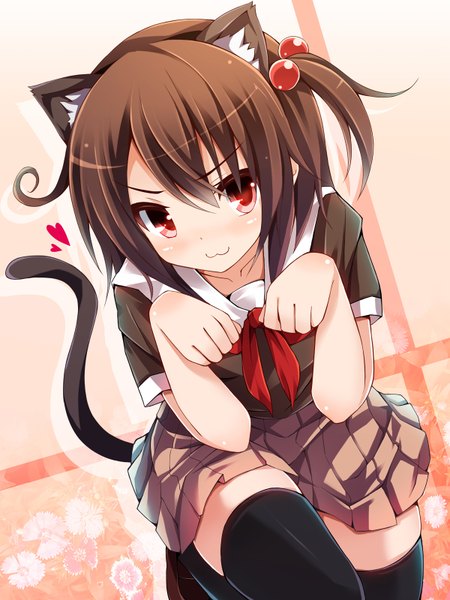 Anime picture 1200x1600 with original morinaga koeda chiri (atlanta) long hair tall image blush red eyes brown hair animal ears cat ears cat girl cat tail one side up girl thighhighs skirt uniform hair ornament black thighhighs school uniform