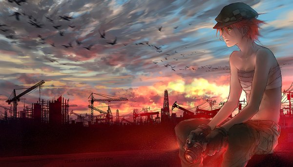 Anime picture 1280x731 with fisheye placebo robin soloviev yuumei single short hair wide image sitting bare shoulders green eyes signed looking away sky cloud (clouds) red hair sunlight bare belly city cityscape girl gloves