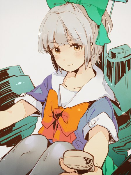 Anime picture 700x933 with kantai collection yuubari light cruiser meeko single tall image looking at viewer blush fringe short hair simple background sitting brown eyes payot ponytail light smile from above grey hair grey background girl uniform