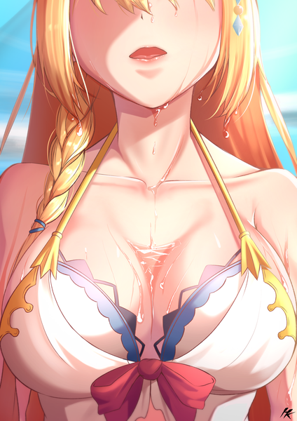 Anime picture 3035x4299 with princess connect! re:dive princess connect! pecorine (princess connect!) ha kang single long hair tall image fringe highres breasts open mouth light erotic blonde hair large breasts bare shoulders signed payot absurdres upper body outdoors