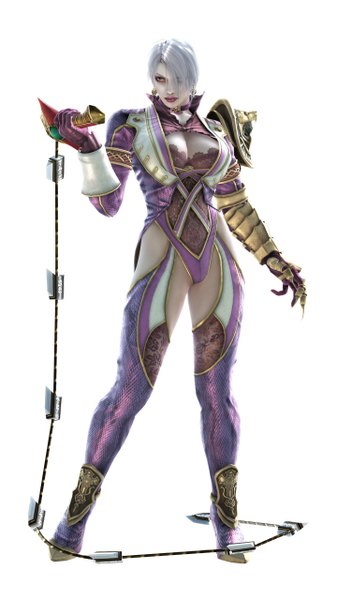 Anime picture 2880x5120 with soulcalibur ivy tall image fringe highres short hair simple background white background green eyes white hair hair over one eye 3d girl gloves weapon earrings pantyhose armor collar