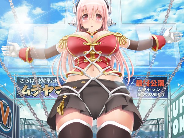 Anime picture 1333x1000 with nitroplus super sonico v-mag long hair blush breasts open mouth light erotic large breasts pink hair pink eyes spread arms girl thighhighs skirt navel black thighhighs miniskirt headphones chain