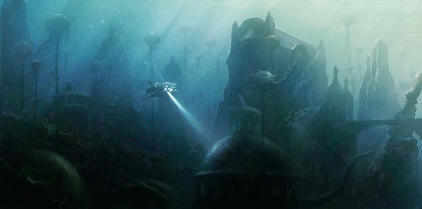 Anime picture 2000x995 with original peteamachree (artist) highres wide image city underwater science fiction panorama