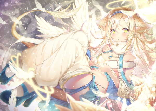 Anime picture 2010x1436 with original topia single long hair looking at viewer blush fringe highres breasts open mouth light erotic blonde hair hair between eyes bare shoulders animal ears yellow eyes payot cleavage tail animal tail