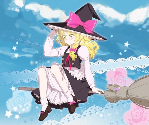 Anime picture 1500x1262 with touhou kirisame marisa ofuton zeb single long hair blonde hair yellow eyes broom riding girl skirt bow hat star (symbol) witch hat skirt set broom