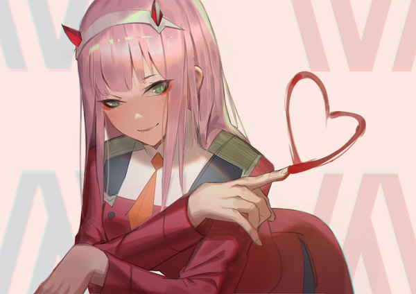 Anime picture 1366x966 with darling in the franxx studio trigger zero two (darling in the franxx) krin single long hair looking at viewer fringe smile green eyes pink hair horn (horns) fang (fangs) girl uniform heart headband