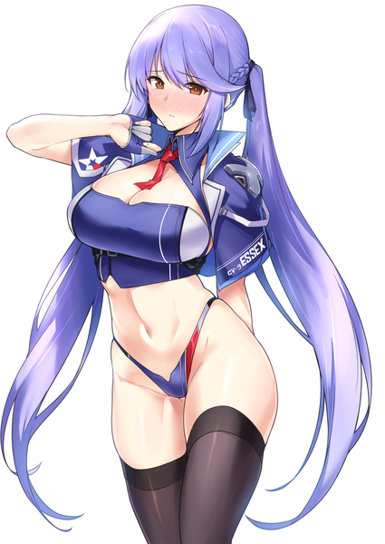Anime picture 1254x1771 with azur lane essex (azur lane) halcon single long hair tall image looking at viewer blush fringe breasts light erotic simple background hair between eyes large breasts standing white background twintails brown eyes payot blue hair
