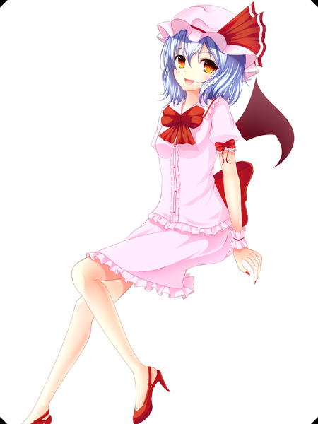 Anime picture 1200x1600 with touhou remilia scarlet junior27016 single tall image looking at viewer blush short hair open mouth simple background red eyes white background blue hair girl dress skirt wings bowtie bonnet skirt set