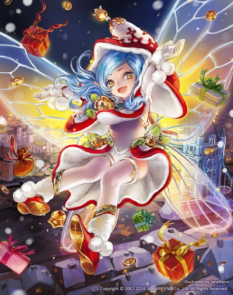 Anime picture 788x1000 with original jane mere single long hair tall image open mouth twintails yellow eyes blue hair from above night night sky city happy snowing winter snow cityscape flying city lights