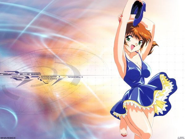 Anime picture 1024x768 with looking at viewer short hair open mouth bare shoulders green eyes cleavage nail polish orange hair bare legs armpit (armpits) frilled dress wind lift dress frills