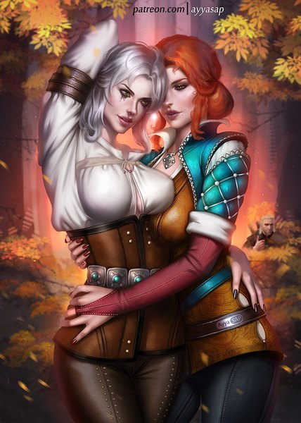 Anime picture 714x1000 with the witcher the witcher 3 wild hunt ciri triss merigold geralt of rivia ayyasap tall image fringe short hair breasts light erotic large breasts standing multiple girls green eyes signed yellow eyes silver hair nail polish head tilt