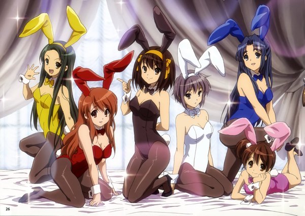 Anime picture 3293x2333 with suzumiya haruhi no yuutsu kyoto animation megami magazine suzumiya haruhi nagato yuki asahina mikuru tsuruya asakura ryouko kyon no imouto highres light erotic brown hair multiple girls brown eyes absurdres orange hair official art bunny ears group 6+ girls