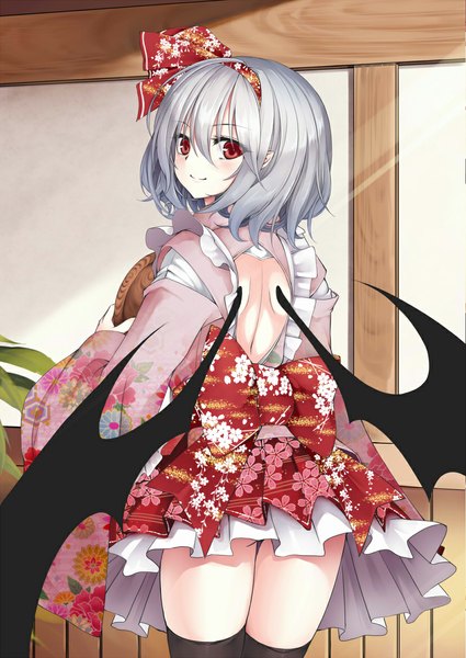 Anime picture 827x1168 with touhou remilia scarlet utakata (kochou no yume) single tall image looking at viewer blush short hair light erotic smile red eyes silver hair traditional clothes japanese clothes looking back from behind turning head bat wings vampire girl