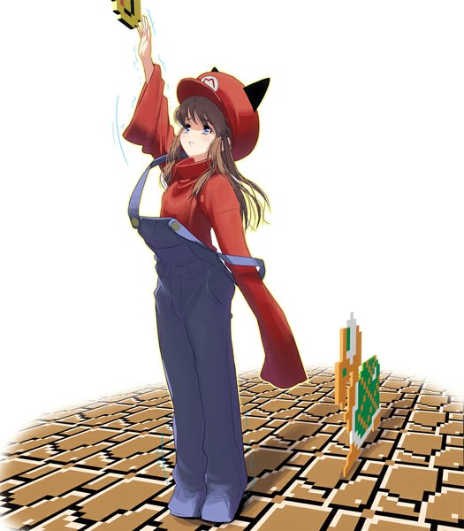 Anime picture 875x1000 with super mario bros. mario masao single long hair tall image open mouth blue eyes simple background brown hair white background animal ears cat ears looking up genderswap girl pants sweater peaked cap suspenders