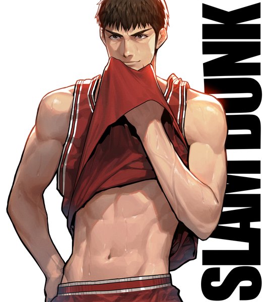 Anime picture 2176x2500 with slam dunk (series) mitsui hisashi haje single tall image highres short hair light erotic simple background brown hair standing white background looking away upper body sweat copyright name sleeveless hand on hip muscle abs