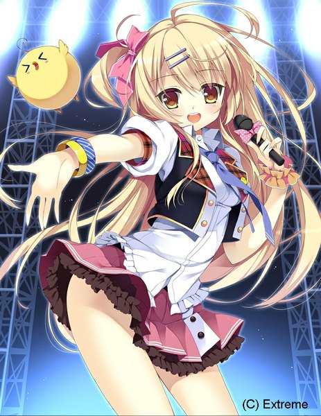 Anime picture 772x1000 with original pikomint single long hair tall image looking at viewer open mouth blonde hair yellow eyes two side up girl dress bow hair bow bracelet microphone