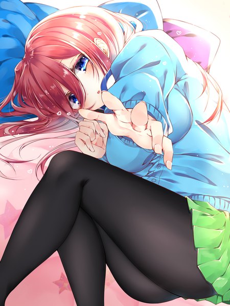 Anime picture 1200x1600 with go-toubun no hanayome nakano miku tenti0619 single long hair tall image looking at viewer blush fringe open mouth blue eyes light erotic hair between eyes pink hair indoors lying pleated skirt from above :o legs