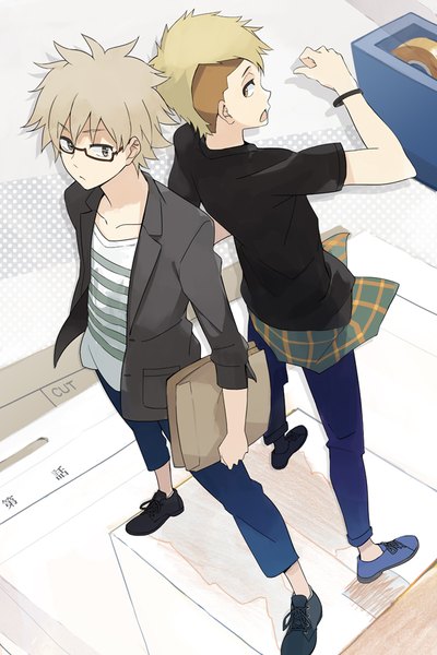 Anime picture 600x900 with shirobako p.a. works takanashi tarou hiraoka daisuke takerusilt tall image short hair blonde hair brown hair standing brown eyes looking away full body multicolored hair from above two-tone hair multiple boys casual boy glasses