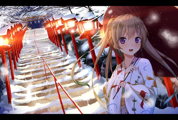 Anime picture 2039x1378 with ao no kanata no four rhythm sprite (company) arisaka mashiro ryuuguu yassuu long hair blush highres open mouth brown hair purple eyes twintails traditional clothes :d japanese clothes wind snowing letterboxed winter snow girl