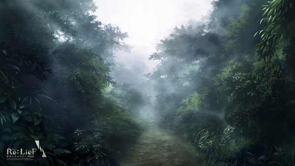 Anime picture 1280x720 with re:lief ebisutaro wide image sky inscription copyright name no people nature fog plant (plants) tree (trees) grass forest road