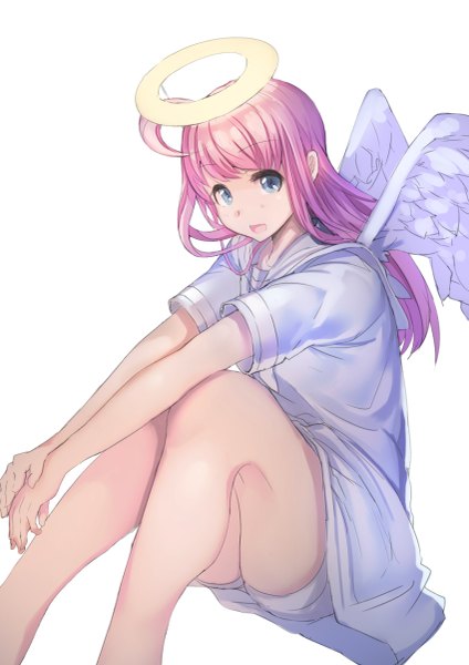 Anime picture 849x1200 with koruse single long hair tall image fringe open mouth blue eyes simple background white background pink hair bent knee (knees) angel wings white wings girl wings shorts halo