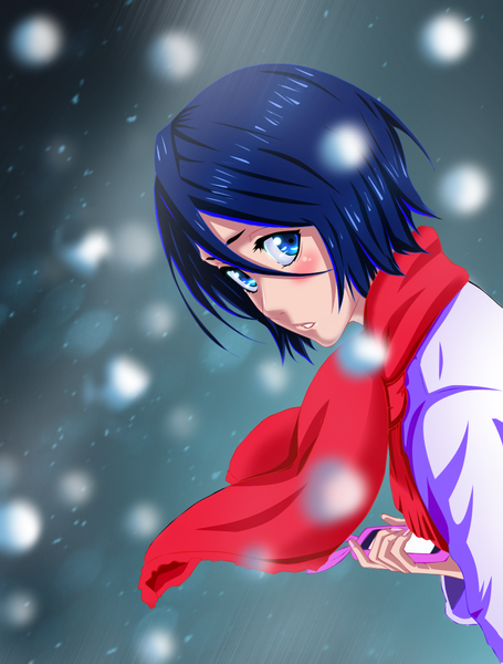 Anime picture 888x1172 with bleach studio pierrot kuchiki rukia mansour-s single tall image blush short hair blue eyes black hair looking back coloring snowing snow girl scarf mobile phone winter clothes