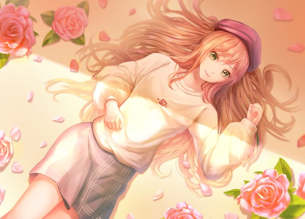 Anime picture 1412x1015 with bang dream! imai lisa lunacle single long hair looking at viewer fringe blonde hair smile green eyes lying from above sunlight on back plaid skirt girl skirt flower (flowers) petals rose (roses)