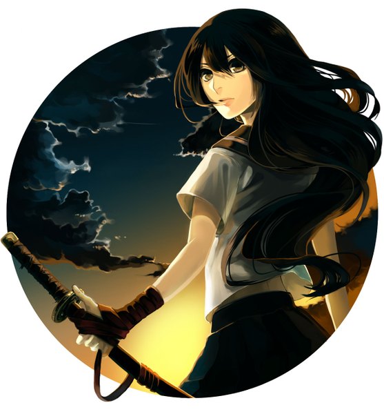 Anime picture 1240x1337 with original amane (rakugakiou) single long hair tall image fringe hair between eyes brown hair brown eyes looking away sky cloud (clouds) evening sunset wavy hair girl skirt uniform weapon sword