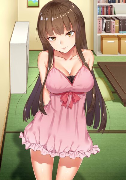 Anime picture 1800x2569 with original yi mian single long hair tall image looking at viewer fringe highres breasts light erotic brown hair bare shoulders brown eyes cleavage indoors head tilt shadow hands behind back girl dress