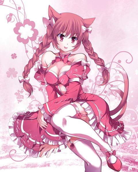 Anime picture 800x1001 with touhou kaenbyou rin pico (picollector79) single long hair tall image looking at viewer bare shoulders animal ears pink hair tail braid (braids) animal tail pink eyes cat ears cat girl cat tail :p girl thighhighs