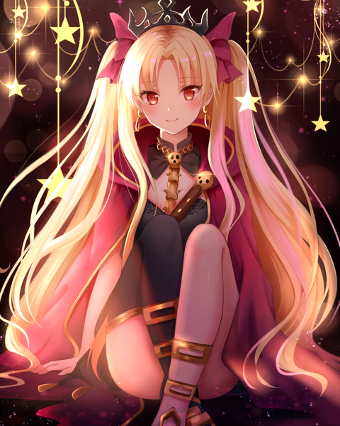 Anime picture 800x1000 with fate (series) fate/grand order ereshkigal (fate) nasii single long hair tall image looking at viewer blush light erotic blonde hair smile red eyes sitting sparkle two side up girl bow hair bow earrings