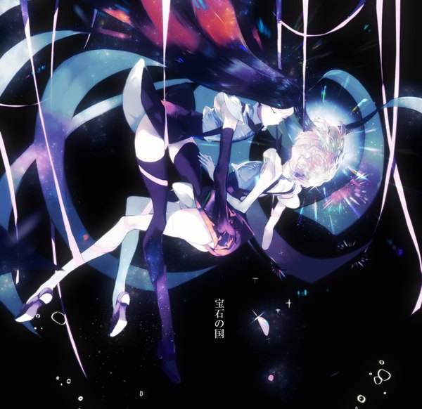 Anime picture 1338x1300 with houseki no kuni diamond (houseki no kuni) bort yaku (ziroken) short hair light erotic black hair silver hair very long hair copyright name gradient hair silver eyes shiny androgynous thighhighs gloves uniform black thighhighs black gloves elbow gloves