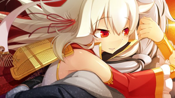 Anime picture 1280x720 with sangoku hime unicorn-a sousou moutoku (sangoku hime) long hair red eyes wide image game cg white hair traditional clothes hug girl detached sleeves