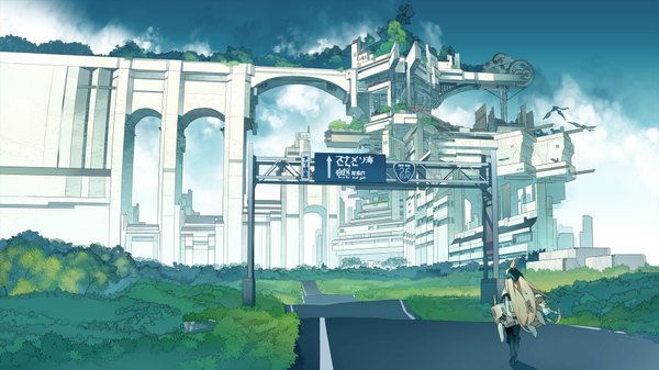 Anime picture 1920x1080 with original sashimin long hair highres blonde hair wide image holding sky wallpaper flying landscape fantasy scenic girl plant (plants) tree (trees) boots headdress building (buildings) cat