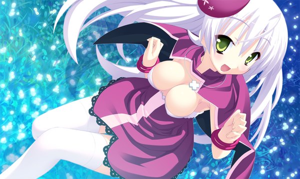 Anime picture 1024x614 with twinkle crusaders twinkle crusaders -passion star stream- lullshare long hair breasts open mouth light erotic wide image green eyes game cg white hair girl thighhighs dress white thighhighs bracelet beret