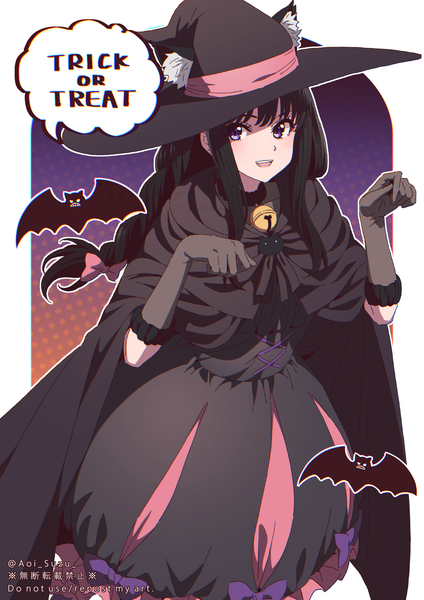 Anime picture 1571x2222 with lycoris recoil inoue takina aoi suzu single long hair tall image looking at viewer black hair purple eyes payot halloween trick or treat girl dress gloves hat animal black gloves elbow gloves cape