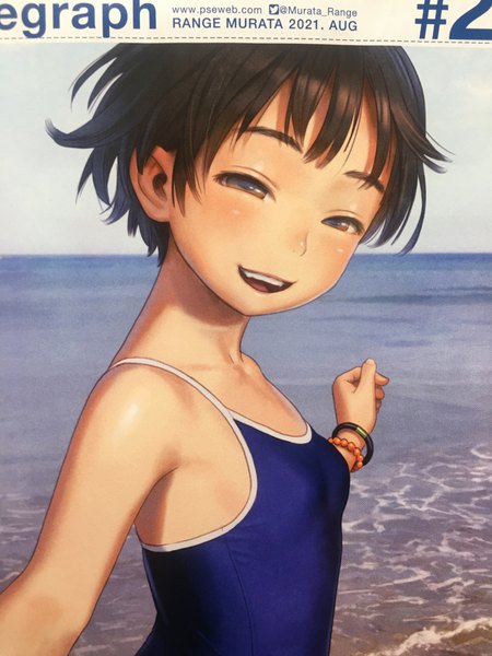 Anime picture 3024x4032 with futuregraph range murata single tall image looking at viewer highres short hair breasts open mouth light erotic smile brown hair bare shoulders absurdres horizon photo (medium) girl swimsuit bracelet sea