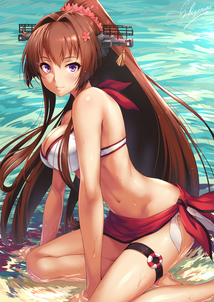 Anime picture 800x1131 with kantai collection yamato super battleship sakiyamama single tall image looking at viewer blush fringe breasts light erotic smile hair between eyes brown hair large breasts sitting purple eyes bare shoulders signed cleavage bent knee (knees)