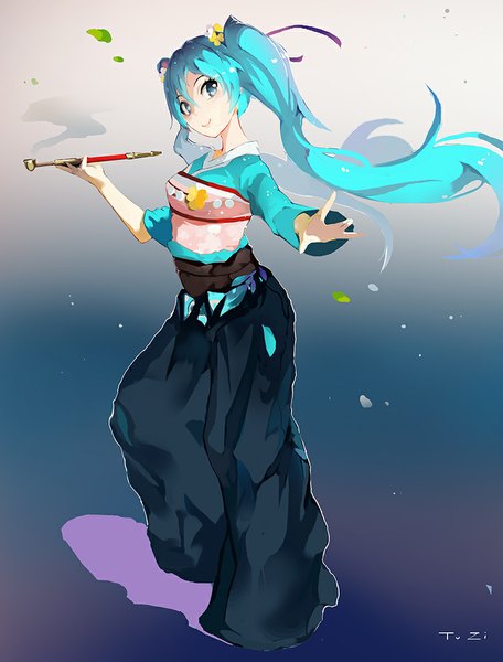 Anime picture 760x1000 with vocaloid hatsune miku rabbit (tukenitian) single long hair tall image looking at viewer smile standing twintails traditional clothes japanese clothes aqua eyes wind aqua hair alternate costume gradient background girl hakama pipe