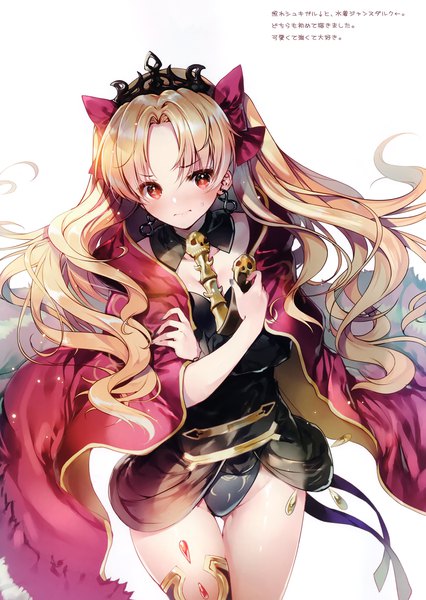 Anime picture 2096x2954 with fate (series) fate/grand order ereshkigal (fate) miwabe sakura single long hair tall image looking at viewer blush fringe highres light erotic simple background blonde hair red eyes standing white background scan two side up text