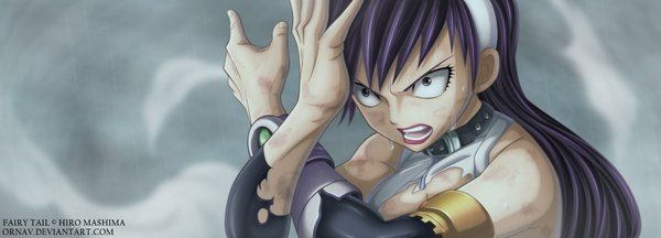 Anime picture 3990x1440 with fairy tail ultear milkovich ornav single long hair highres open mouth simple background wide image purple hair lips wet grey eyes coloring torn clothes smoke crossed arms rain girl