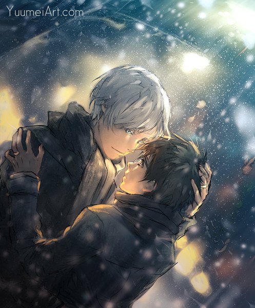 Anime picture 1000x1206 with yuri!!! on ice mappa viktor nikiforov katsuki yuuri yuumei tall image short hair blue eyes black hair smile silver hair outdoors white hair profile light smile multiple boys snowing winter snow face to face