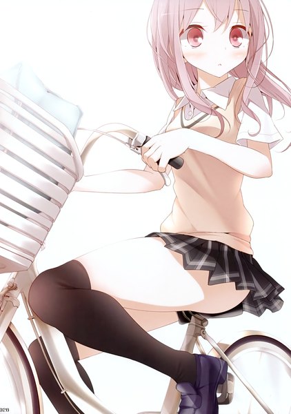 Anime picture 2460x3500 with original oouso (usotsukiya) long hair tall image blush highres light erotic red eyes brown hair scan girl thighhighs skirt uniform black thighhighs school uniform miniskirt ground vehicle bicycle