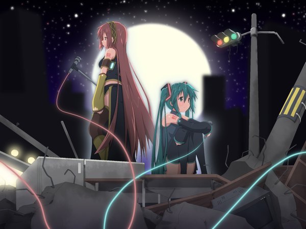 Anime picture 1600x1200 with vocaloid hatsune miku megurine luka yuzuki kei long hair twintails bare shoulders multiple girls pink hair green hair ruins girl thighhighs 2 girls detached sleeves moon star (stars) microphone wire (wires)