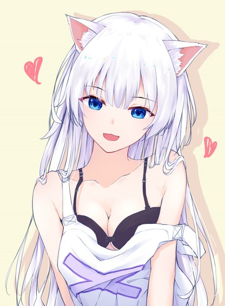 Anime-Bild 1000x1356 mit original leria v single long hair tall image looking at viewer fringe breasts open mouth blue eyes light erotic simple background smile hair between eyes standing bare shoulders animal ears upper body white hair blunt bangs