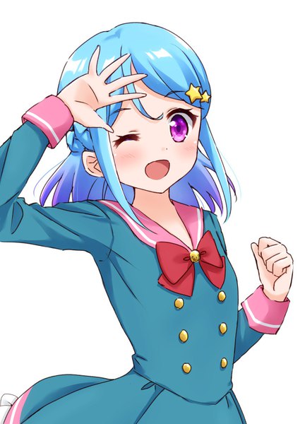 Anime picture 684x950 with aikatsu! aikatsu friends! minato mio hoshino kagari single long hair tall image blush open mouth simple background white background purple eyes blue hair looking away :d one eye closed wink girl uniform hair ornament