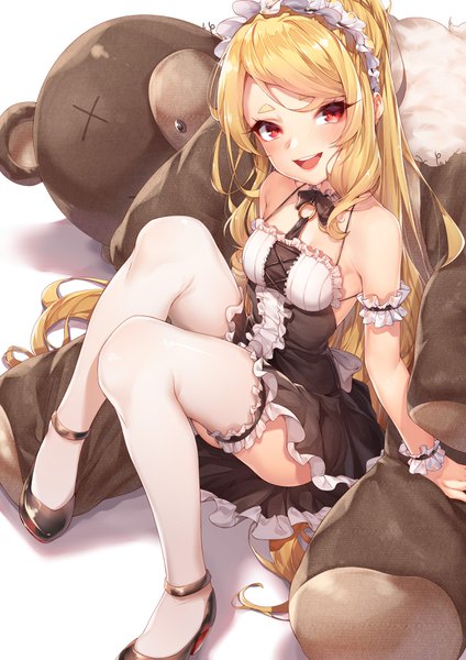 Anime picture 2480x3507 with original de da xianyu single long hair tall image blush highres breasts open mouth light erotic blonde hair simple background smile red eyes white background sitting bare shoulders full body bent knee (knees) head tilt