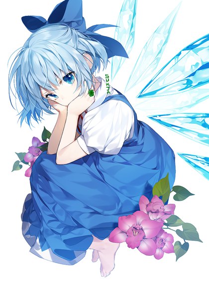 Anime picture 700x1000 with touhou cirno sorolp single tall image looking at viewer fringe short hair blue eyes simple background hair between eyes white background signed full body barefoot aqua hair short sleeves puffy sleeves covered mouth weightlessness
