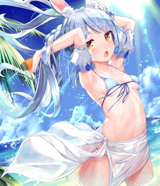 Anime picture 1500x1750 with virtual youtuber hololive usada pekora mogmog single long hair tall image looking at viewer breasts open mouth light erotic animal ears blue hair sky cloud (clouds) multicolored hair sunlight two-tone hair sparkle orange eyes