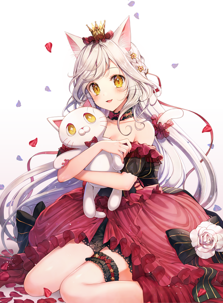 Anime picture 744x1010 with original momoshiki tsubaki single tall image looking at viewer blush fringe open mouth simple background smile sitting bare shoulders holding animal ears yellow eyes silver hair tail braid (braids) very long hair nail polish